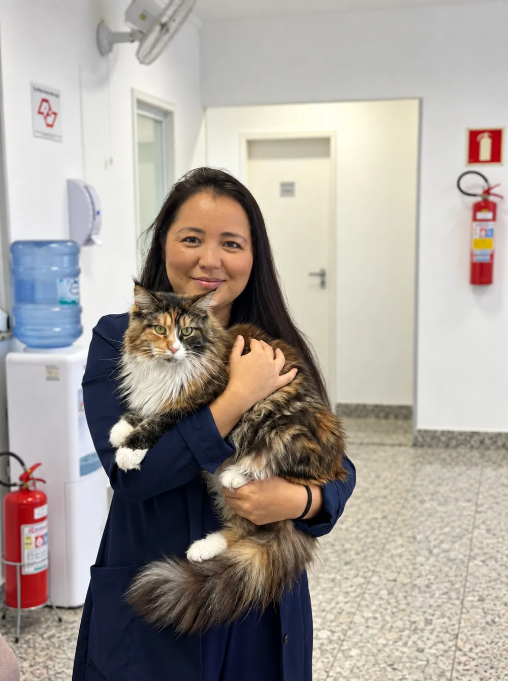 Profissional da PetLife na clínica segurando um gato de pelo longo